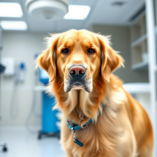 Generate an image of a golden retriever with a calm expression, standing in a veterinary clinic. The background should include soft lighting and hints of medical equipment. The dog should have a blue collar and be looking directly at the viewer.