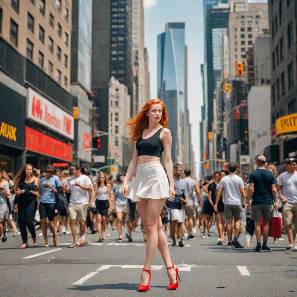 A young woman with ginger hair, wearing a tight black crop top and a flowy white skirt, stands confidently on a bustling New York street, her bright red high-heeled shoes drawing attention to her toned legs, with towering skyscrapers and crowded sidewalks blurred in the background.