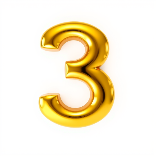 create a shiny gold number 3 with a glossy finish on a white background, 35mm lens, f/2.8 aperture, ISO 100, soft lighting, captured with a digital camera
