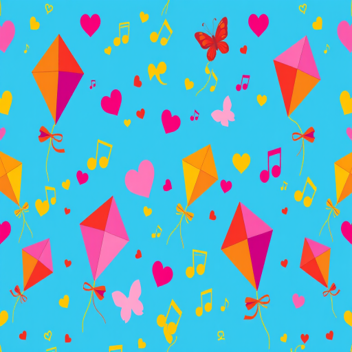 create a vibrant seamless pattern of colorful kites, hearts, butterflies, and musical notes against a bright blue background in a flat illustration style, captured with a Canon EOS R5 at f/8, ISO 100, 50mm lens, vibrant colors and high saturation for enhanced detail