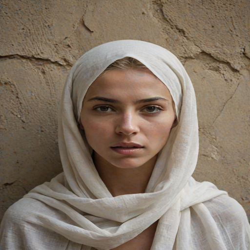 Create a close-up photographic image of a Mizrahi woman with light skin tones shown against an old, worn wall. Their head is wrapped in a white cloth covering (i.e.... parts of the head except the nose and mouth, which are open as if they are screaming...), with a slight texture and visible folds in the fabric. Thin strands of blonde hair escape from the wrapping above, falling lightly at the top and sides. Their hands hold the fabric as if they are tugging nervously. The lighting is dramatic and even, casting strong shadows. The image has a minimalist and surreal style with an emphasis on simplicity with soft color tones. The composition is centered.