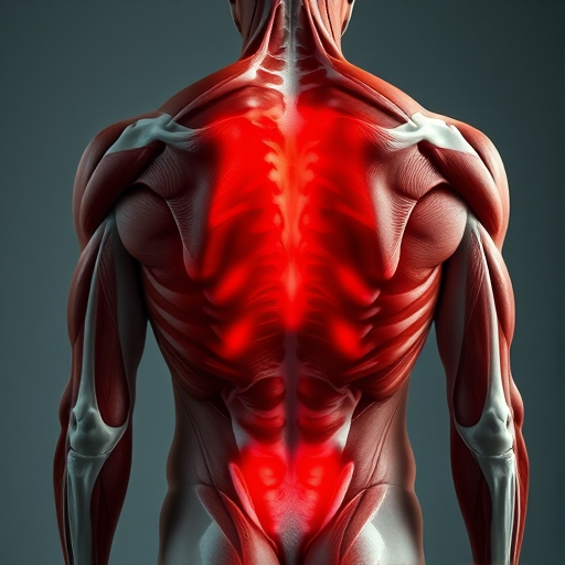 Create a highly detailed anatomical illustration of the human back muscles showcasing the highlighted areas in red, using a Canon EOS 5D Mark IV, 50mm lens, f/8 aperture, 1/125 sec shutter speed, shot from a straight-on perspective to emphasize depth and detail, with soft diffused lighting for enhanced texture.