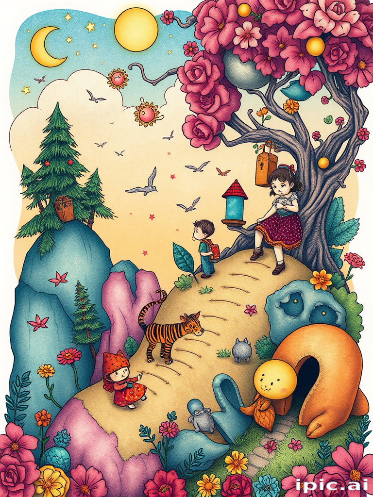 Illustrative tattoo style piece titled "Storybook Dreams" featuring whimsical characters and fantastical landscapes in a colorful children's book illustration style with soft shading and playful linework