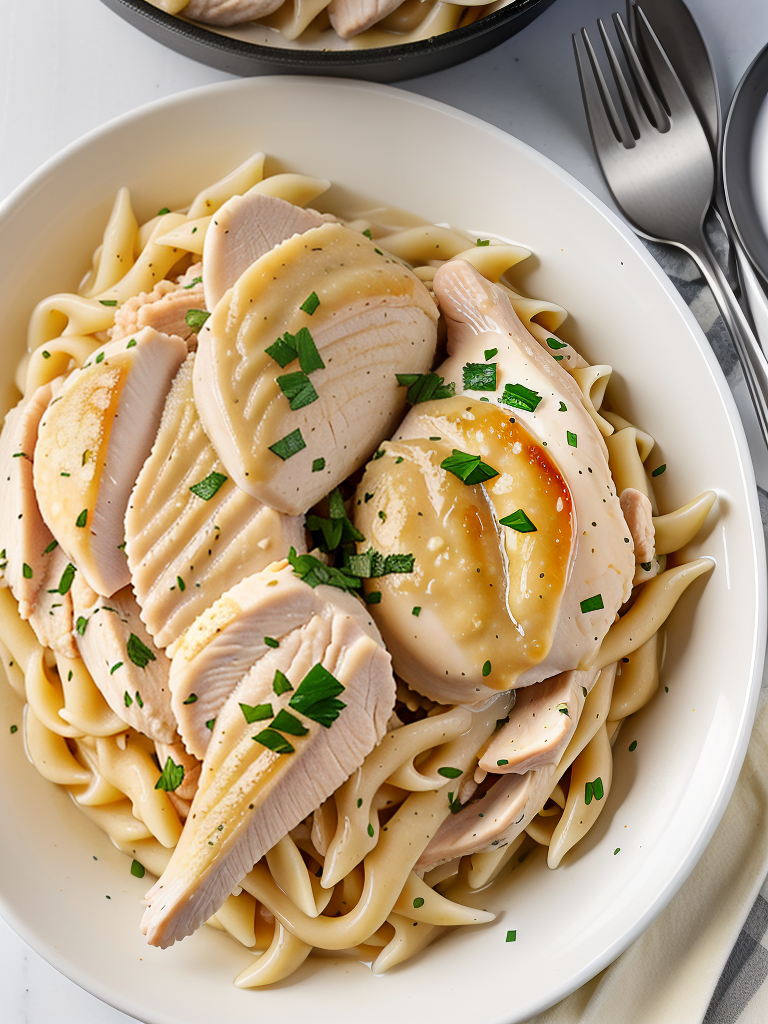 chicken and noodles over mashed potatoes