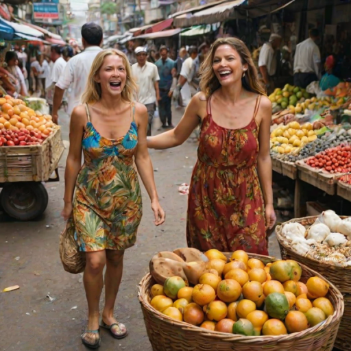 Bustling food market in a foreign city, vibrant spices and fresh produce piled high, a woman in a sundress haggles with a vendor over a basket of tropical fruit.