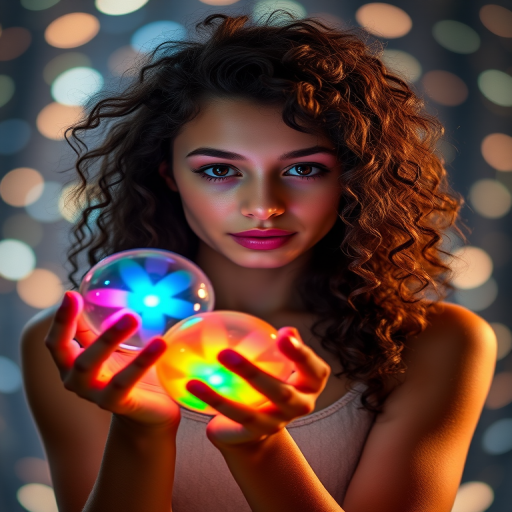 Create a portrait of a young woman with curly hair, holding glowing orbs filled with vibrant colors, soft focus background with bokeh effect, shoot with a Canon EOS R5 at f/1.8, ISO 100, 85mm lens, in low light with dramatic lighting.