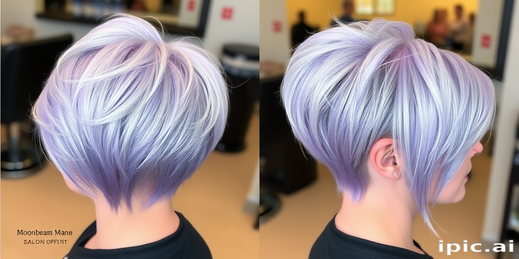 Icy silver pixie cut with lavender undertones, crafted by "Moonbeam Mane" salon, showcasing a textured, feathered top with closely tapered sides and nape, enhanced by a subtle metallic sheen that gives the illusion of starlight captured in hair.
