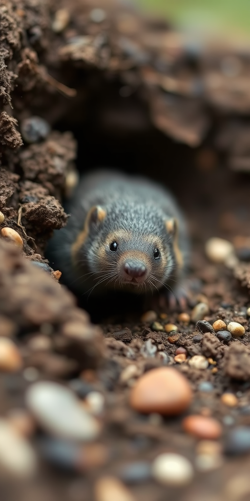 close-up of a cute mole peeking out of its burrow surrounded by soil and small pebbles, shallow depth of field, 50mm lens, f/2.8 aperture, ISO 100, soft natural lighting, DSLR camera, low angle view