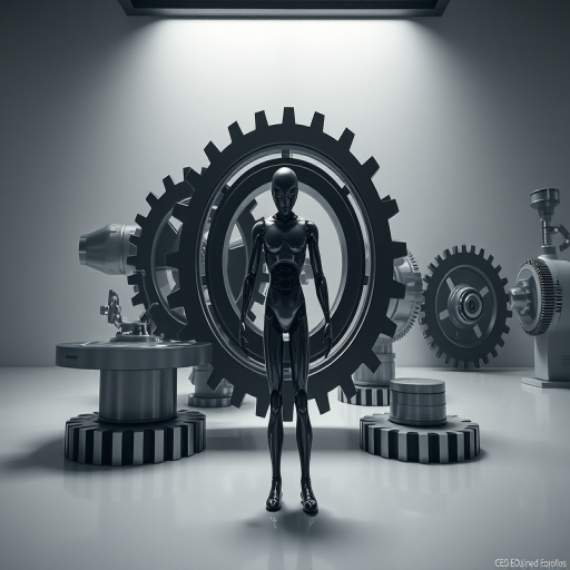 Create a surreal scene featuring a humanoid figure interacting with large rotating gears in a monochromatic space, using a Canon EOS R5 with a 24-70mm f/2.8 lens, aperture set to f/8, ISO 100, and a wide-angle view for depth, focusing on dramatic contrasts and reflections.