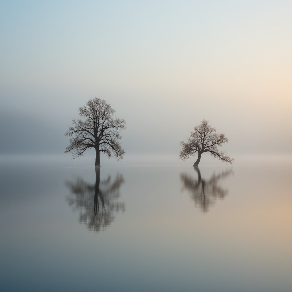 misty lake landscape with two trees in calm water, reflections visible, soft light, shot with a DSLR camera, aperture f/8, ISO 100, shutter speed 1/125 sec, focal length 35mm, taken at sunrise for warm tones and enhanced detail.