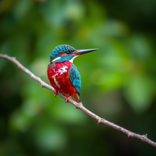 A vibrant kingfisher perched on a branch with a blurred green background, captured with a Canon EOS R5, 85mm lens, aperture f/2.8, ISO 200, shutter speed 1/250s, in soft focus style for enhanced detail and clarity.