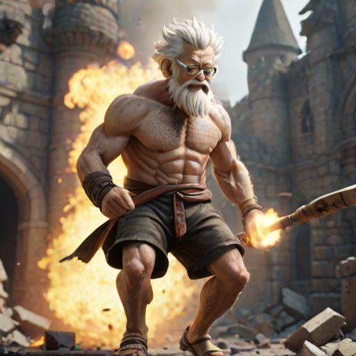 Cartoon 3D High-Resolution,dynamic battle scene using Unreal Engine 5 and Octane Render. The scene features back of an elderly, thai man with a beard,messy hair and round golden-rimmed glasses. He is wearing a tattered tank top with soot marks, shorts, and sandals. sweating. he wields a baseball bat. He jump to fight with a white fire-breathing Europe dragon amidst a partially destroyed stone castle. Include intense flames, smoke, and debris to enhance the dramatic effect.