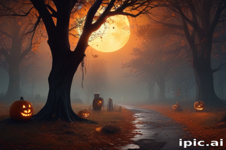 A Spooky Halloween Night with Glowing Jack-o'-Lanterns and a Full Moon