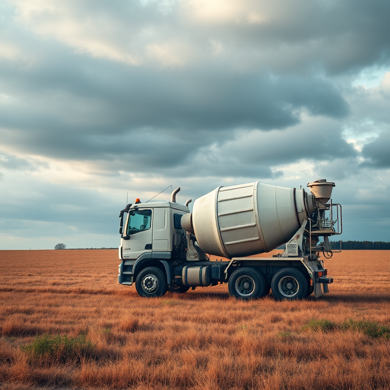 Create an image of a cement mixer truck in a vast field under a cloudy sky, captured with a DSLR camera at f/8 aperture, 1/250s shutter speed, ISO 200, wide-angle lens, and a vibrant color profile for enhanced clarity and details.