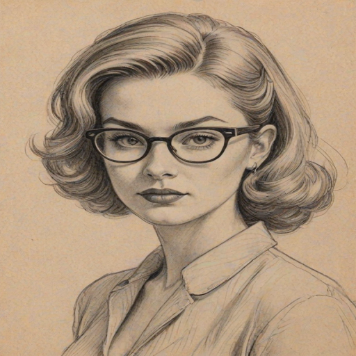 Delightful Lilith Czar, pencil sketch, portrait of Charming woman 1957s in glasses, hair style beatnik, outline, clear lines, fine lines, 8k