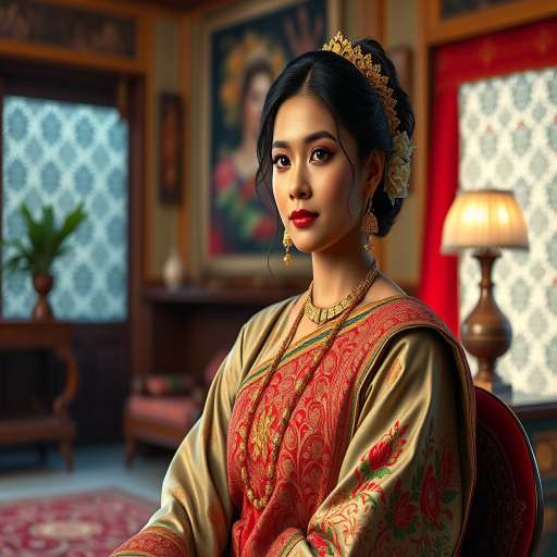 A beautiful Bangladeshi woman in traditional East Asian attire, intricately detailed with embroidered patterns, sitting gracefully in a richly decorated room, soft ambient lighting, serene and elegant, ultra-realistic, 8K resolution