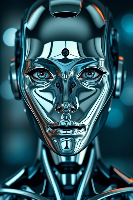 Create a hyper-realistic portrait of a humanoid robot with a shiny chrome finish, showcasing detailed facial features and lifelike eyes, captured with a Canon EOS R5 at 50mm f/1.2, with soft lighting and a shallow depth of field, emphasizing reflections and the futuristic background.