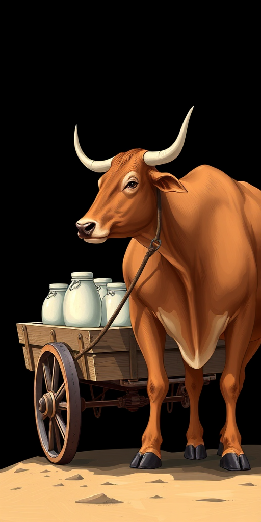 Create a detailed illustration of a brown ox pulling a wooden cart with milk jugs, side view, with a clean black background, using a DSLR camera with a 50mm lens at f/1.8, ISO 100, and a shutter speed of 1/200s, with a focus on vibrant colors and sharp details, in a digital art style.