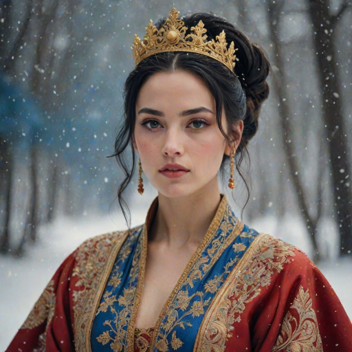 A young woman with long black hair styled in a high bun, adorned with a gold crown and intricate hair ornaments, stares intently at the viewer. She wears a vibrant red and gold embroidered robe with blue accents, a gold belt with a large ornate buckle, and a blue and gold shoulder piece. The woman is positioned in the center of the frame, with the background blurred and filled with falling snow. The image has a soft, ethereal feel with a focus on the woman's face and attire, creating a portrait-like composition. The colors are rich and saturated, with the red, gold, and blue of the clothing standing out against the muted blue and white of the snowy backdrop. The lighting is soft and diffused, casting a warm glow on the woman's face.  The overall mood is elegant and mysterious.  The details of the woman's attire, especially the intricate embroidery and embellishments, add a sense of opulence and grandeur.  The falling snow further enhances the sense of winter magic and wonder.