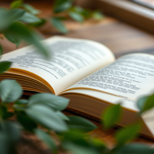 open book on a wooden table with green leaves around, warm lighting, shallow depth of field, 50mm lens, f/1.8, ISO 100, soft focus, Nikon D850