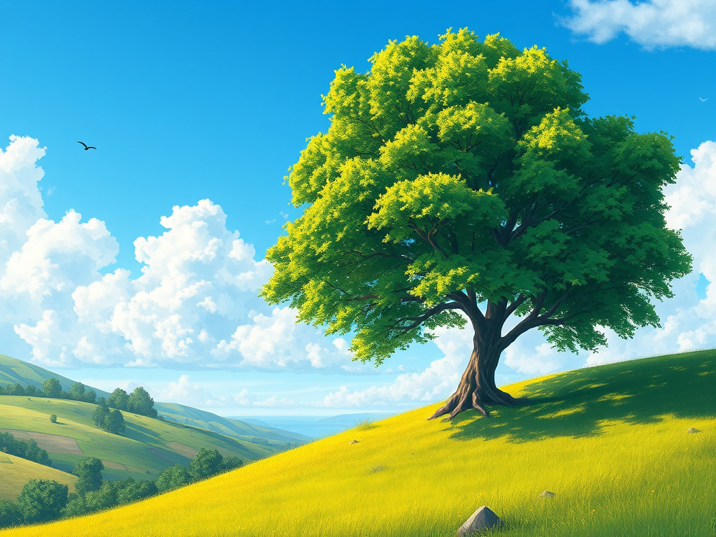 Create a vibrant landscape illustration featuring a large green tree on a rolling hill with a clear blue sky, fluffy white clouds, and small birds in the distance, captured with a DSLR camera at f/5.6, ISO 100, 35mm lens, in a wide-angle view to enhance depth and detail.