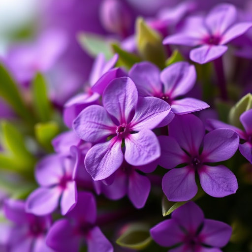 Close-up of vibrant purple flowers with soft green foliage, shot in natural light, f/2.8 aperture, ISO 100, 50mm lens, macro photography style, DSLR camera, shallow depth of field, focus on flower details, soft bokeh background.