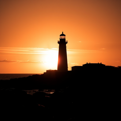 Generate an image of a black and white silhouette of a lighthouse standing on a rocky shore during sunset, using a Canon EOS R5 camera, 50mm lens, f/1.8 aperture, ISO 200, with a golden hour lighting perspective for enhanced contrast and clarity.