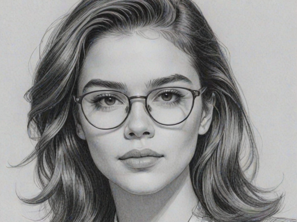 Radiant Haliee Steinfeld, pencil sketch, portrait of Magnificent woman 1980s in glasses, hair style beatnik, outline, clear lines, fine lines, 8k