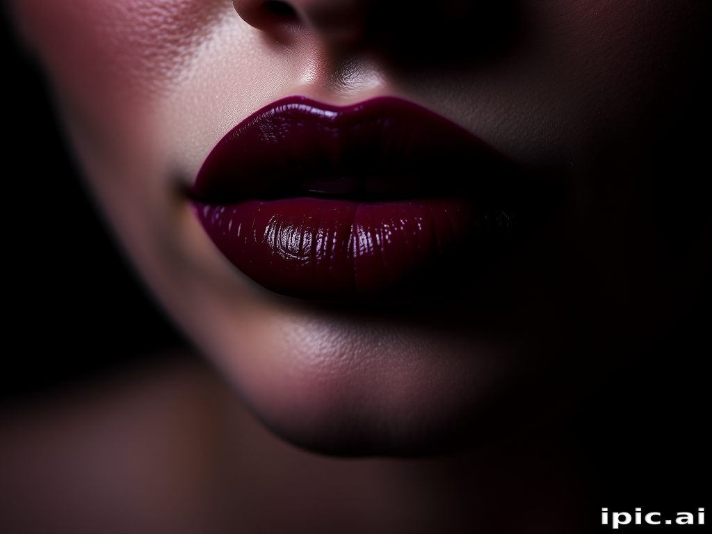Sultry deep plum lips with a velvet texture, displaying rich pigmentation and a flawless application, captured in a moody and atmospheric studio setting