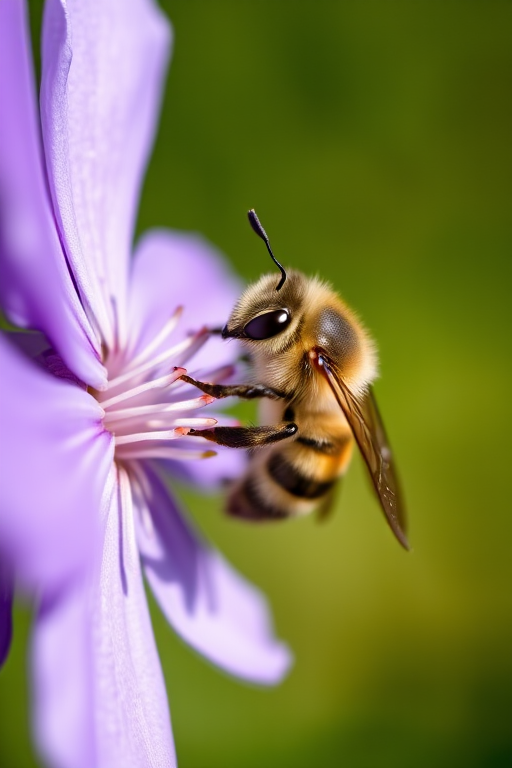 Close-up shot of a bee on a purple flower, natural lighting, macro lens, aperture f/2.8, shutter speed 1/250s, ISO 200, depth of field focus on the bee, DSLR camera.
