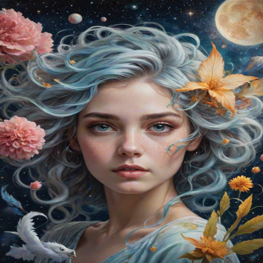 Create a series of imaginative portraits where each subject is infused with elements of fantasy and nature. The hair of the individuals should flow like clouds, varying from soft, fluffy cumulus to wispy cirrus strands, with hints of color reflecting a sunset or a clear blue sky. The eyes should be windows to entire galaxies, with stars, nebulae, and distant planets visible within them. Clothing should be adorned with nature motifs, such as floral patterns that bloom and change, vines that seem to grow and wrap around, or feathers that shimmer with iridescence. Each portrait should capture a unique personality, blending human features with the ethereal beauty of the natural and cosmic world. The backgrounds can vary, from starry night skies to enchanted forests, adding depth and context to the magical realism of the portraits