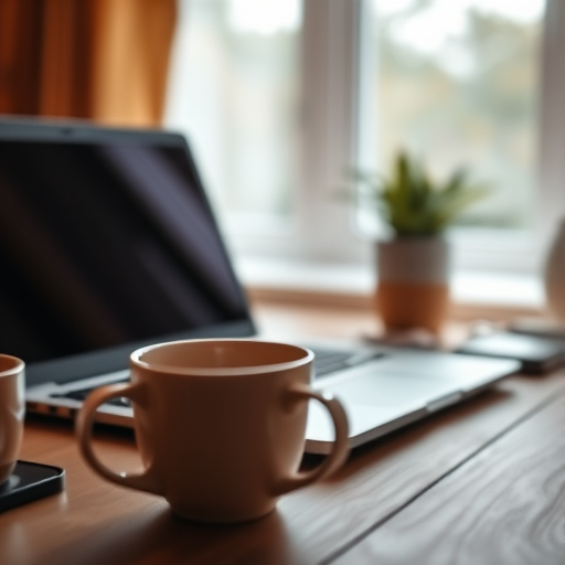 capture a warm, cozy workspace with a laptop featuring a dark screen, a coffee mug in focus, soft natural lighting, shallow depth of field, f/2.8 aperture, 50mm lens, ISO 200, shot in soft focus to create an inviting atmosphere.