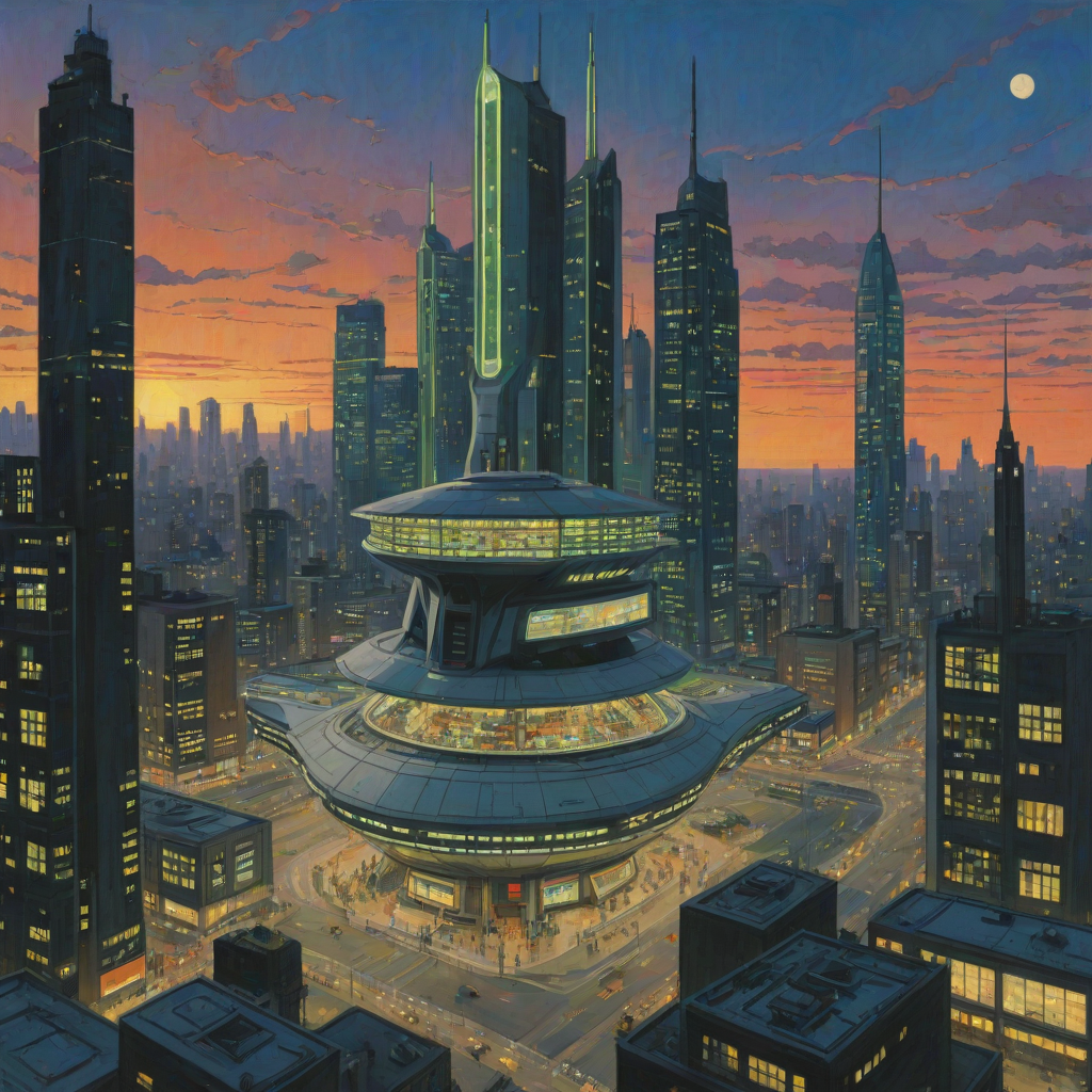art by Peter Doig, H.N. Werkman, Anime, landscape of a The Starship Command Center, a sleek and modern spacecraft, stands tall in the middle of a bustling city. Its intricate design is illuminated by the soft glow of the setting sun, film camera, atmospheric perspective, aidmasoftglow