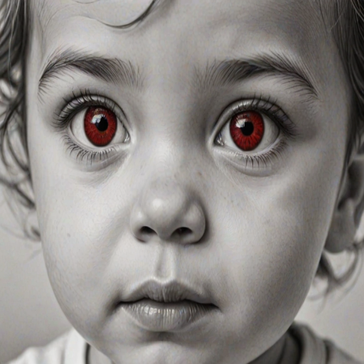 A hyperdetailed photorealistic black and white sketch of a beautiful toddler with deep red eyes, with a macro focus