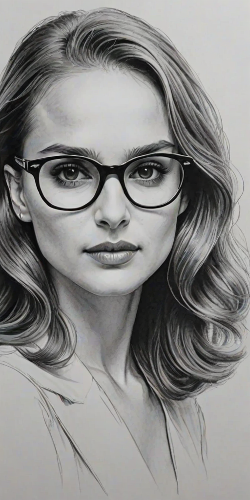 Dazzling Natalie Portman, pencil sketch, portrait of Bewitching woman 1939s in glasses, hair style beatnik, outline, clear lines, fine lines, 8k