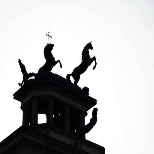 high contrast silhouette of a prancing horse statue atop a building against a white sky, shot with a DSLR camera, 50mm lens, f/8 aperture, ISO 100, shot from a low angle to emphasize height and clarity, high dynamic range style