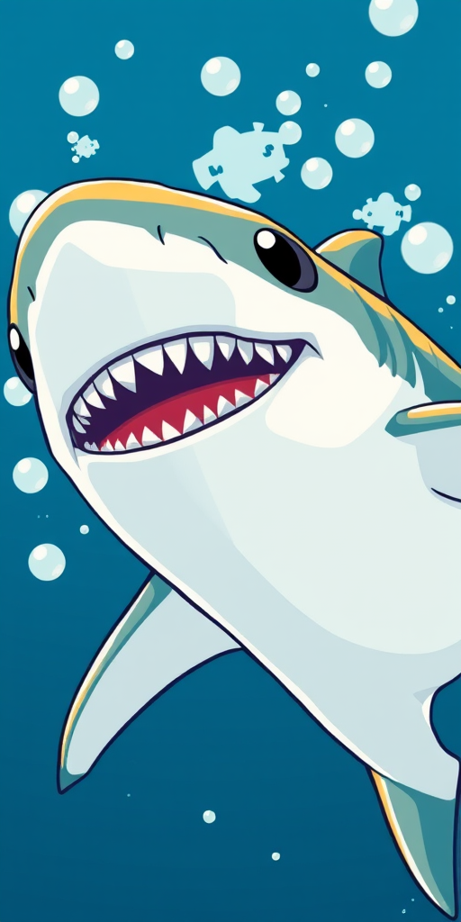 Create a high-resolution digital illustration of a stylized shark swimming in deep blue water with bubbles, using a Canon EOS 5D Mark IV, 50mm lens, f/8 aperture, ISO 100, in a vibrant, cartoonish style, with a clean background and dynamic water movement effects.