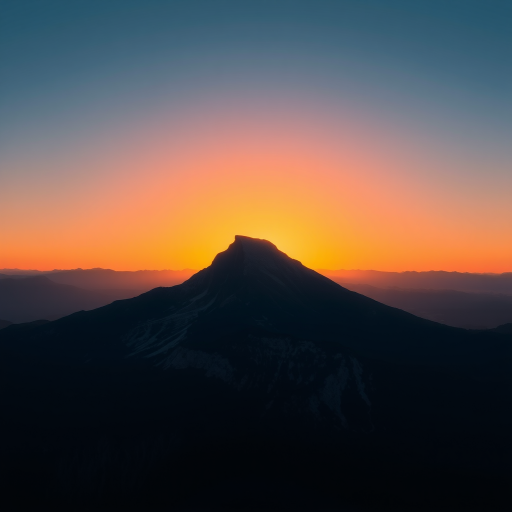 Generate a high-resolution image featuring a stylized depiction of a lone mountain with a sunset backdrop, shot with a Canon EOS R5, 24mm lens, f/8 aperture, ISO 100, at golden hour using a landscape photography style.
