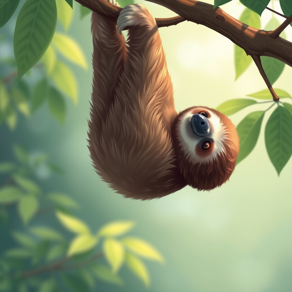sloth hanging upside down from a branch, highly detailed illustration, 50mm lens, f/4 aperture, 1/250s shutter speed, natural lighting, close-up view, DSLR camera