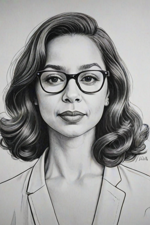 Sublime Maya Rudolph, pencil sketch, portrait of Dazzling woman 1948s in glasses, hair style beatnik, outline, clear lines, fine lines, 8k
