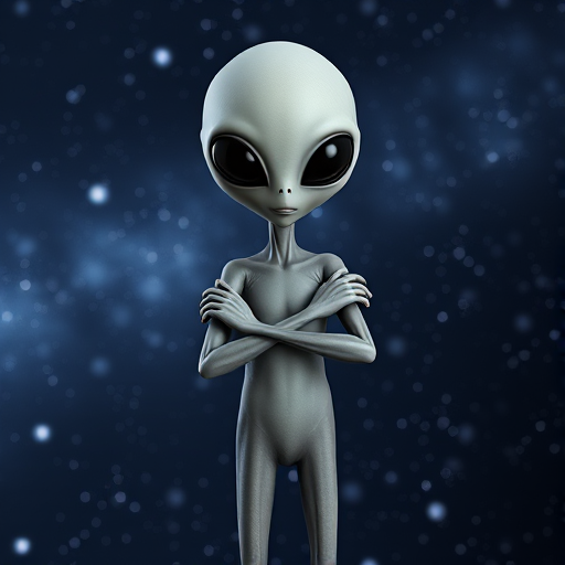 Create a highly detailed 3D render of a slender alien figure with large black eyes and smooth gray skin standing in a relaxed pose with arms crossed, set against a high-resolution starry background, using a DSLR camera with a 50mm lens, f/1.8 aperture, ISO 100, and a softbox lighting setup for even illumination.