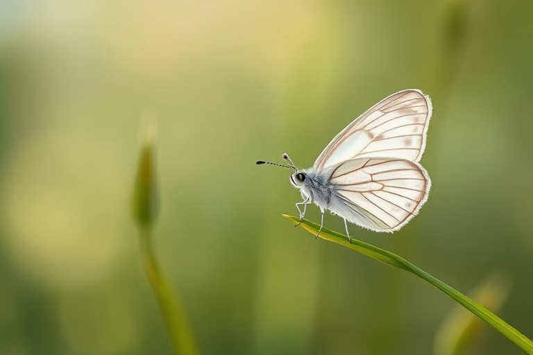 Generate an image of a delicate white butterfly perched on a slender green grass blade, with a soft blurred background that emphasizes the butterfly's intricate wing patterns. The scene should evoke a sense of tranquility and natural beauty, capturing the details of the butterfly and the gentle hues of the surrounding environment.