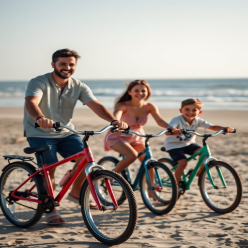 Regenerate an image of a family at the beach with two kids on bicycles, natural lighting, shallow depth of field, focus on the family with the ocean in the background, captured with a Canon EOS R5, 50mm lens, aperture f/2.8, ISO 100, shutter speed 1/200 sec.