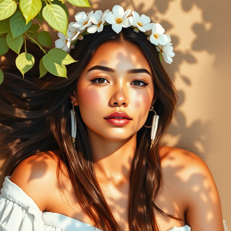 create a watercolor painting of an ethereal portrait of beautiful First Nations woman with a simple white flower crown on her head. Her hair is long and she is lying on the ground. The sunlight on the trees casts shadows from the leaves on her face and body. The background is a neutral brown color that matches her skin tone. The image is minimalist and solid colors. This style is characterized by soft, delicate brushstrokes and a light, airy, contrasting color palette. High level of detail and play of light