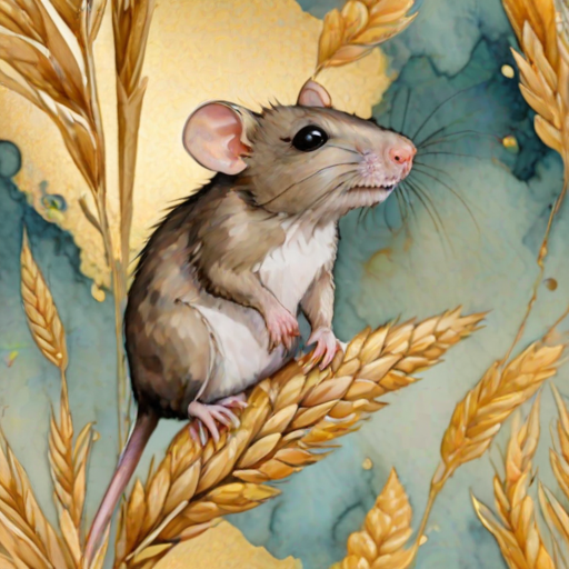 Soft, muted Alcohol Ink with ebru effect background image of tiny whimsical rat, who climbed high on the top of a golden rye ear.