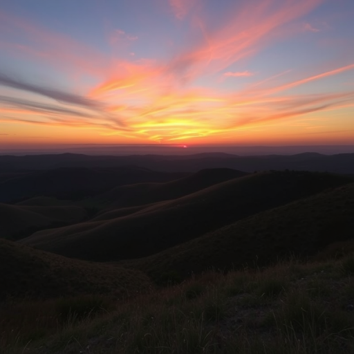 Create a high-resolution image of a serene landscape at sunset, featuring rolling hills and a colorful sky, captured with a DSLR camera using a 50mm lens, f/2.8 aperture, ISO 200, and a focal length of 50mm for a soft depth of field, from a slightly elevated viewpoint to highlight the horizon.