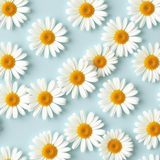 Create a seamless pattern of white daisies on a light blue background, using a high-resolution digital camera with a 50mm lens, aperture set to f/8, ISO 100, and 1/125 shutter speed for crisp detail and vibrant colors.