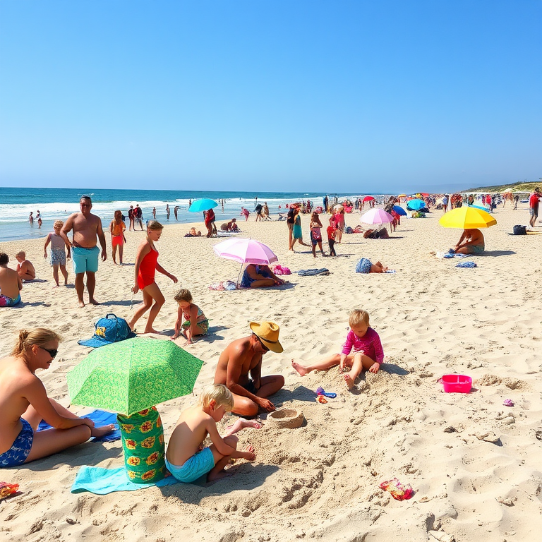 Lively beach scene during summer, with families enjoying the sun, children building sandcastles, and colorful umbrellas dotting the sandy shore, capturing the essence of a perfect day.
