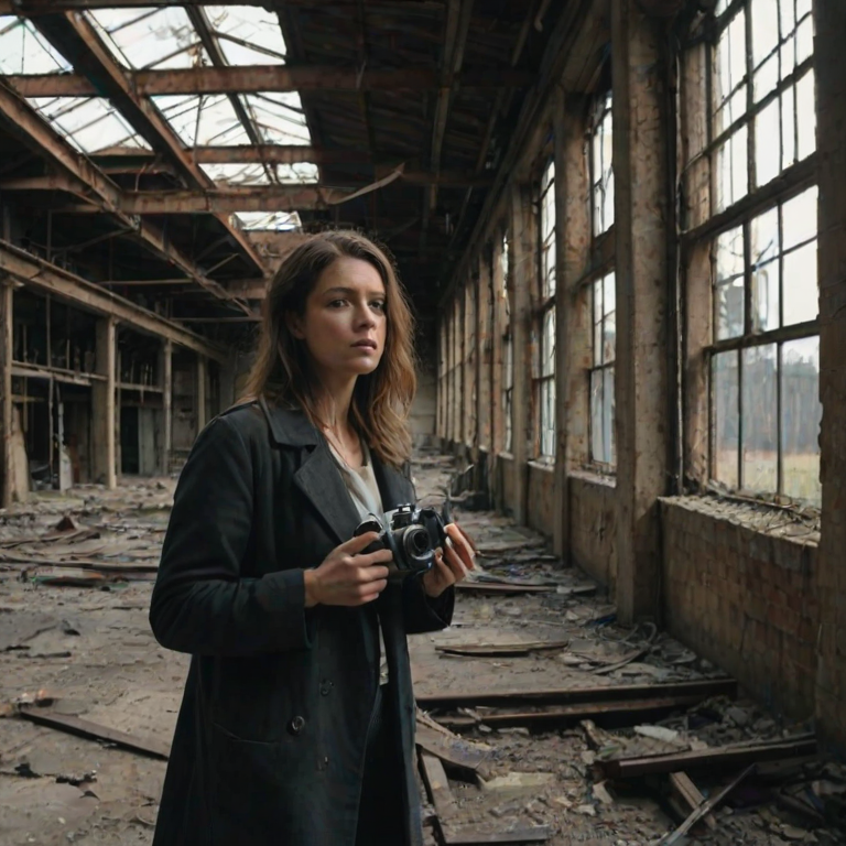 Abandoned factory building, with broken windows and rusted metal beams, a woman explores cautiously, her camera at the ready as she navigates the crumbling interior.