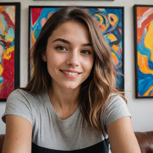 A casual selfie photo taken indoors featuring a young woman standing in front of colorful artwork, with natural daylight softly illuminating her face, and a warm, inviting color palette. The woman has light skin with visible natural textures like pores and a few light freckles. She has a medium build with shoulder-length, slightly wavy dark brown hair styled in loose layers with bangs. Her expression is friendly, with a subtle smile and bright eyes gazing directly into the camera, creating a relaxed and engaging atmosphere. She wears a black Adidas t-shirt with a prominent white logo, and the soft natural light creates a gentle glow on her face, enhancing her facial features without harsh shadows. The background showcases several vibrant, abstract paintings hung on a white wall, adding splashes of color that contrast with her dark outfit. The artwork features a variety of patterns and colors, including reds, blues, and yellows, contributing to an artistic and creative vibe. The overall composition captures the casual and personal nature of the selfie, with the subject standing at arm's length from the camera, centered within the frame, and sharp details throughout, emphasizing both her expression and the lively setting behind her